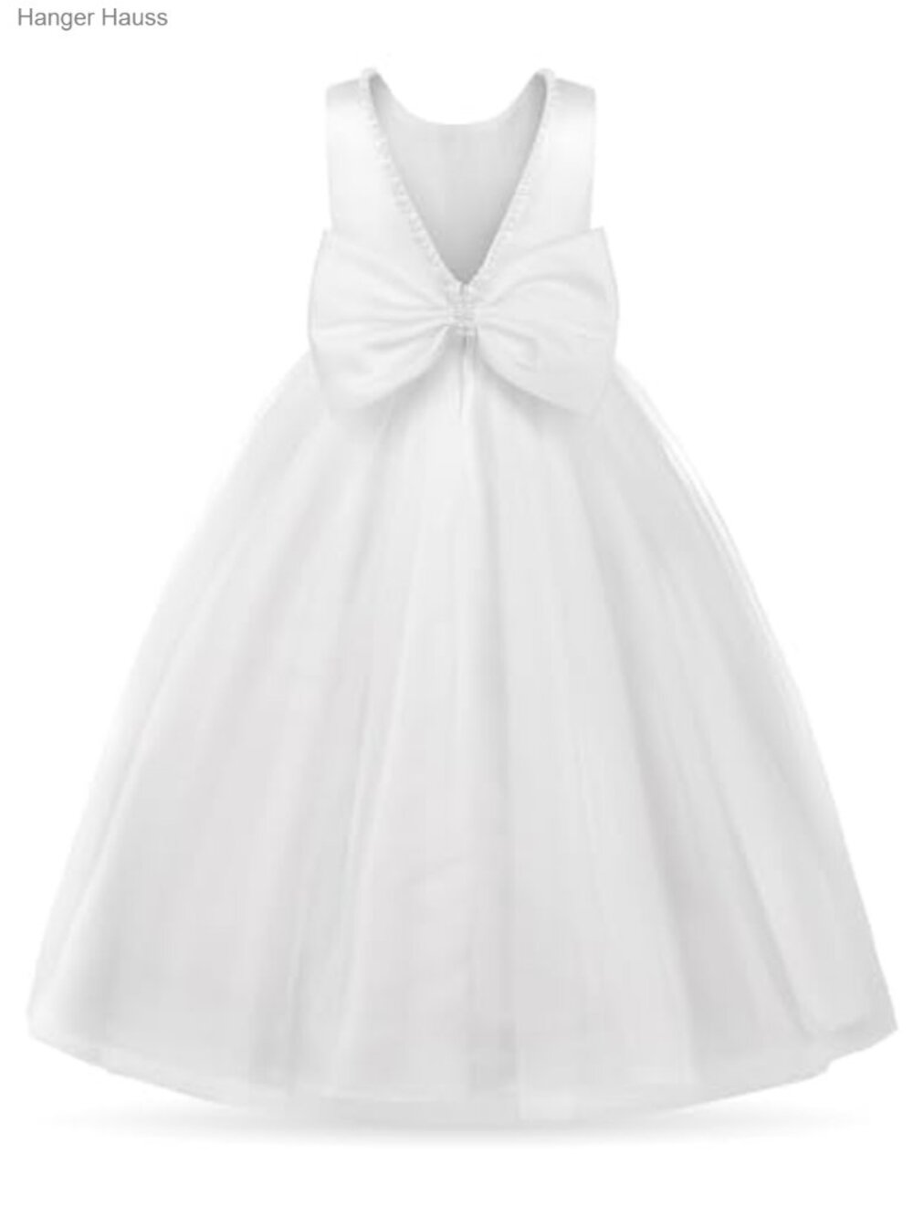 Girls Pearl Trim Tulle Satin Ball Gown V-Back Dress with Bow